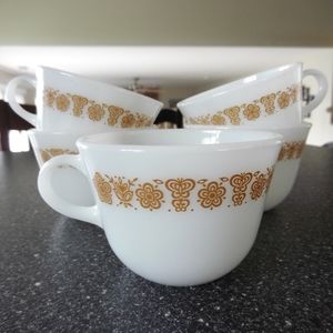 Pyrex 5 Butterfly Gold Milk Glass Mugs Tea Coffee